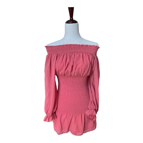 Hyfve off the shoulder balloon sleeve woven mini dress, size small, coral - Picture 2 of 10